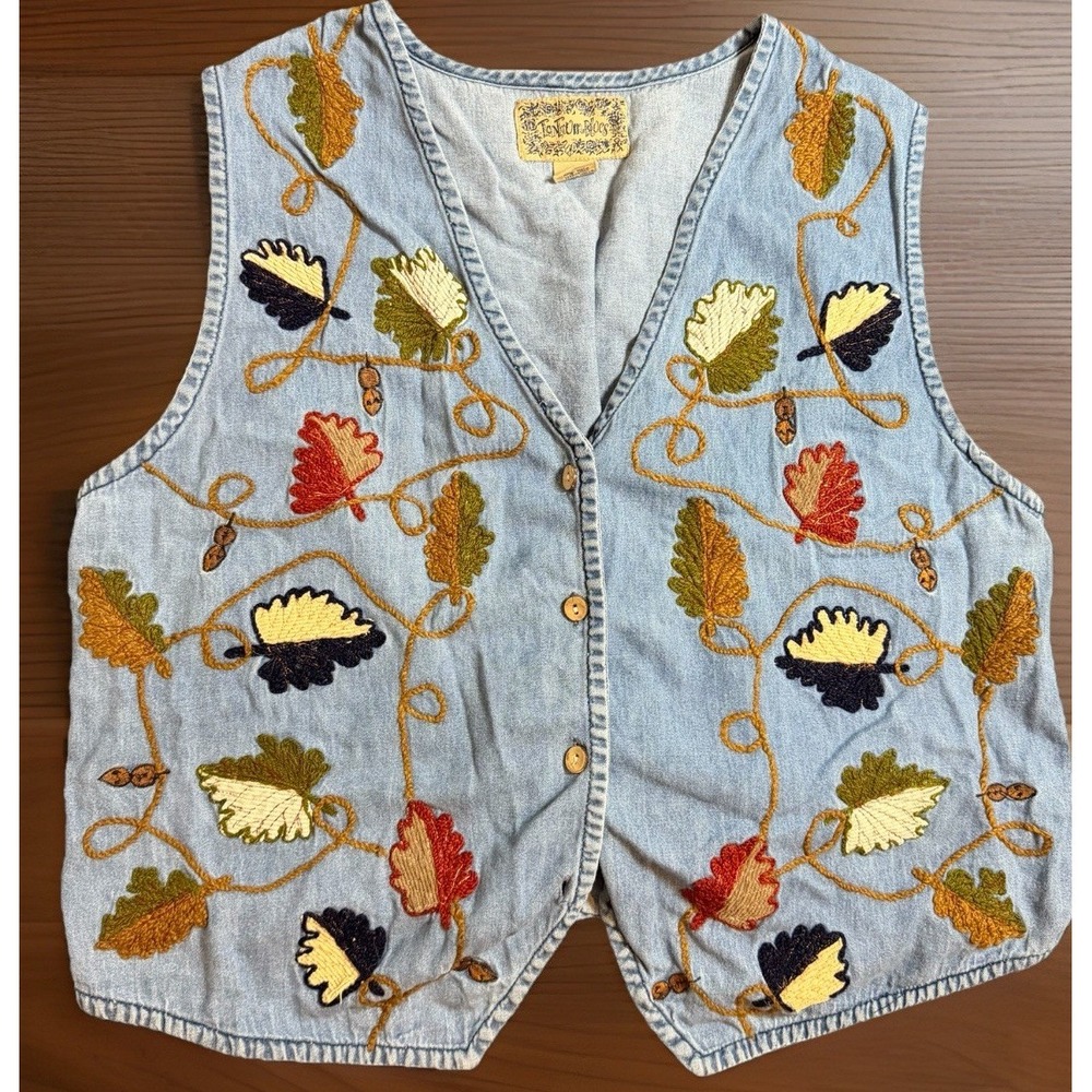 Vintage Tantrum Blues Earthy Foliage Flower Leaves Embroidered Denim Vest 1X